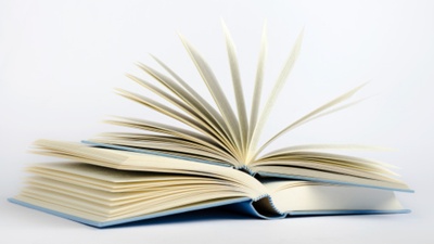 Two open blue books on a light background